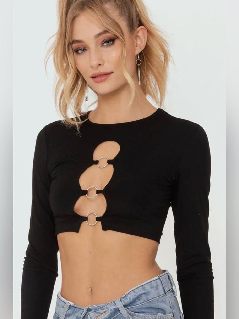 Edikted Black Long Sleeve Ring-Front Crop Top- Small